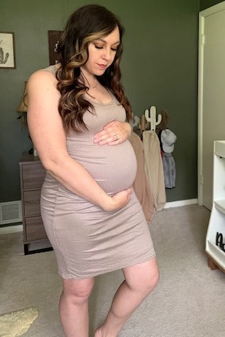 PinkBlush Mocha Ribbed Ruched Sleeveless Maternity Dress by PinkBlush (view 17 of 17)