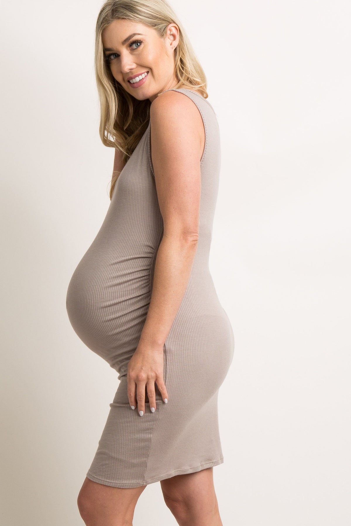 PinkBlush Mocha Ribbed Ruched Sleeveless Maternity Dress by PinkBlush (view 3 of 17)