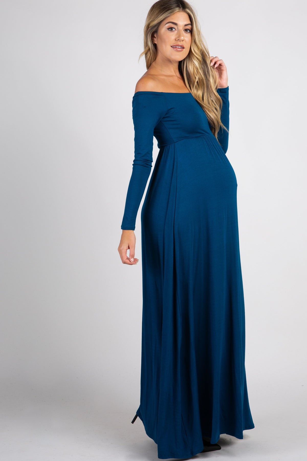 PinkBlush Dark Teal Solid Off Shoulder Maternity Maxi Dress by PinkBlush (view 2 of 3)