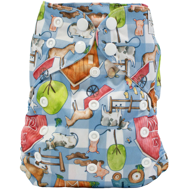 Slim Fit Pocket Cloth Diaper with farm animal print and adjustable snaps.