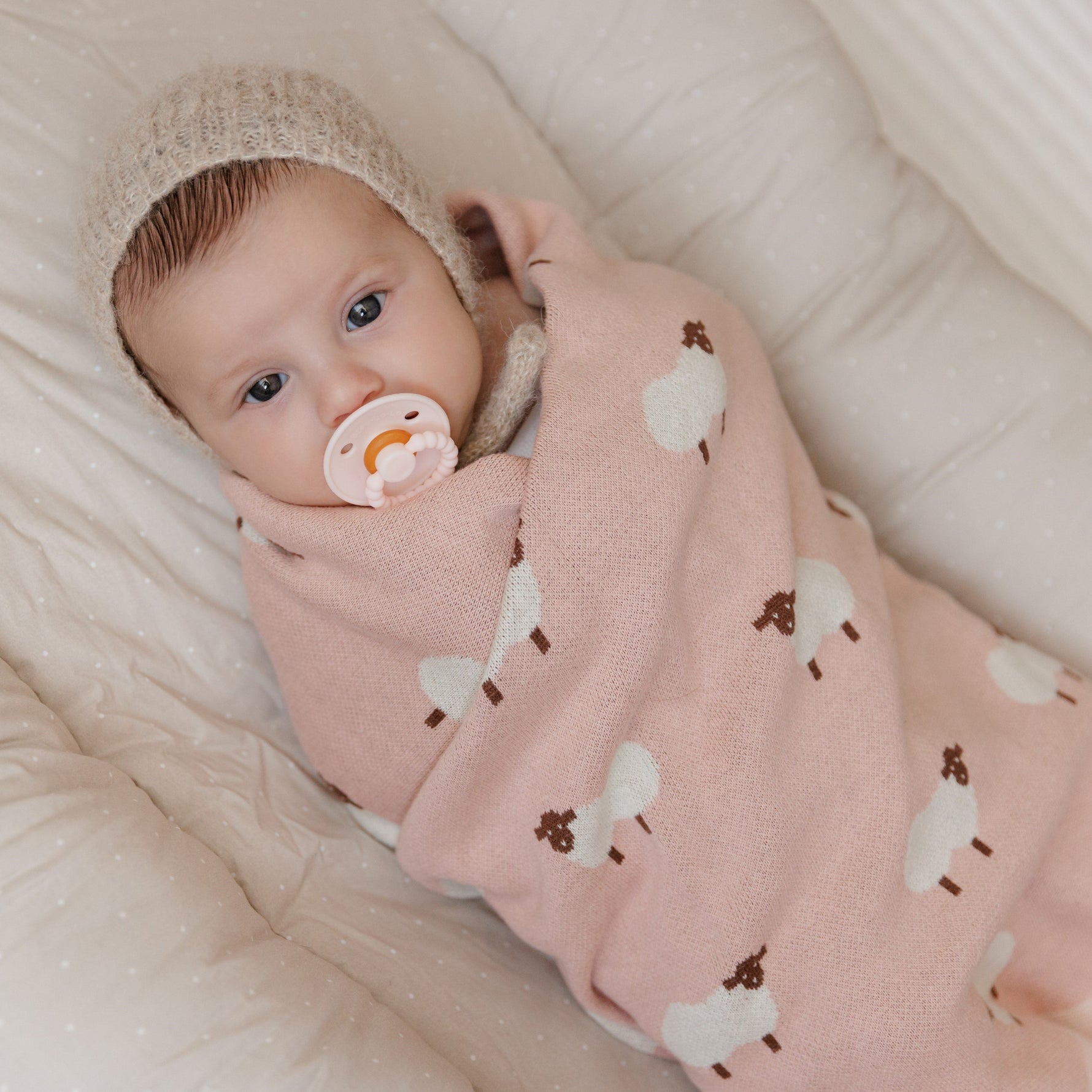 Bleu La La Sheep Knit Receiving Baby Blanket Made From 100 Percent OEKO Tex Certified Cotton - Baby & Toddler