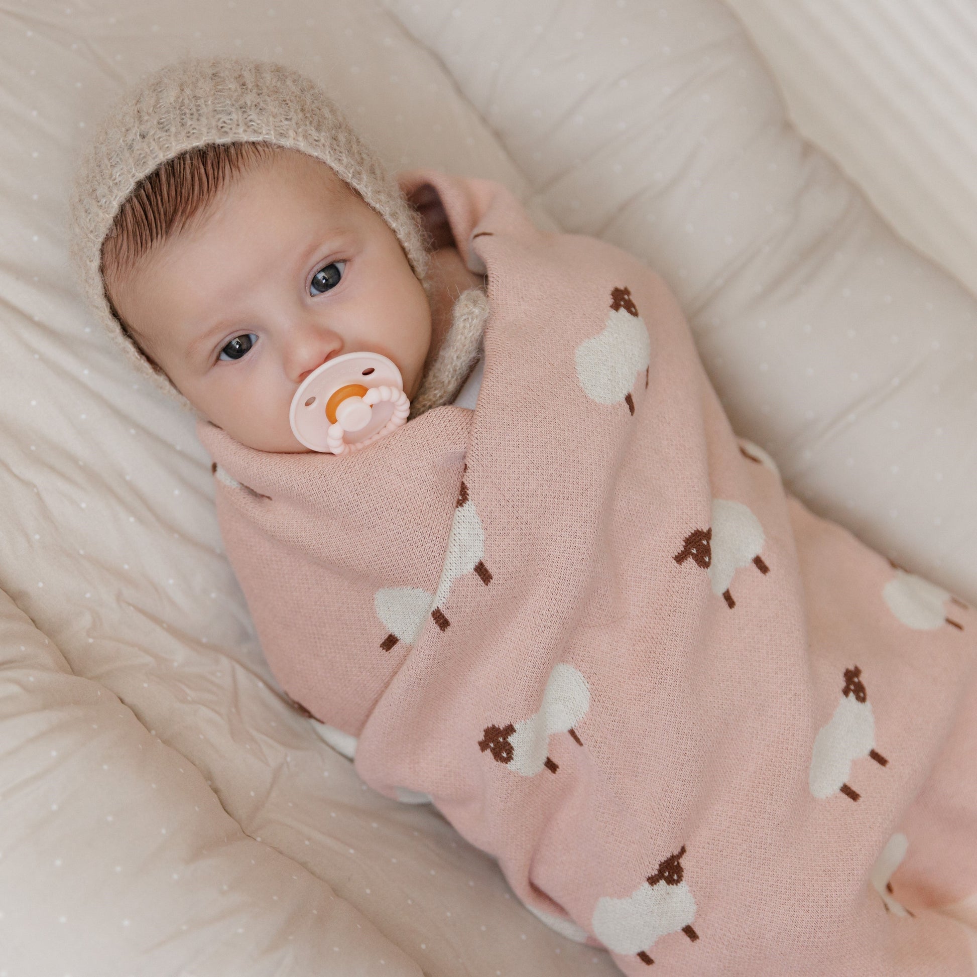 Sheep Knit Receiving Baby Blanket Made From 100 Percent OEKO Tex Certified Cotton Bleu La La