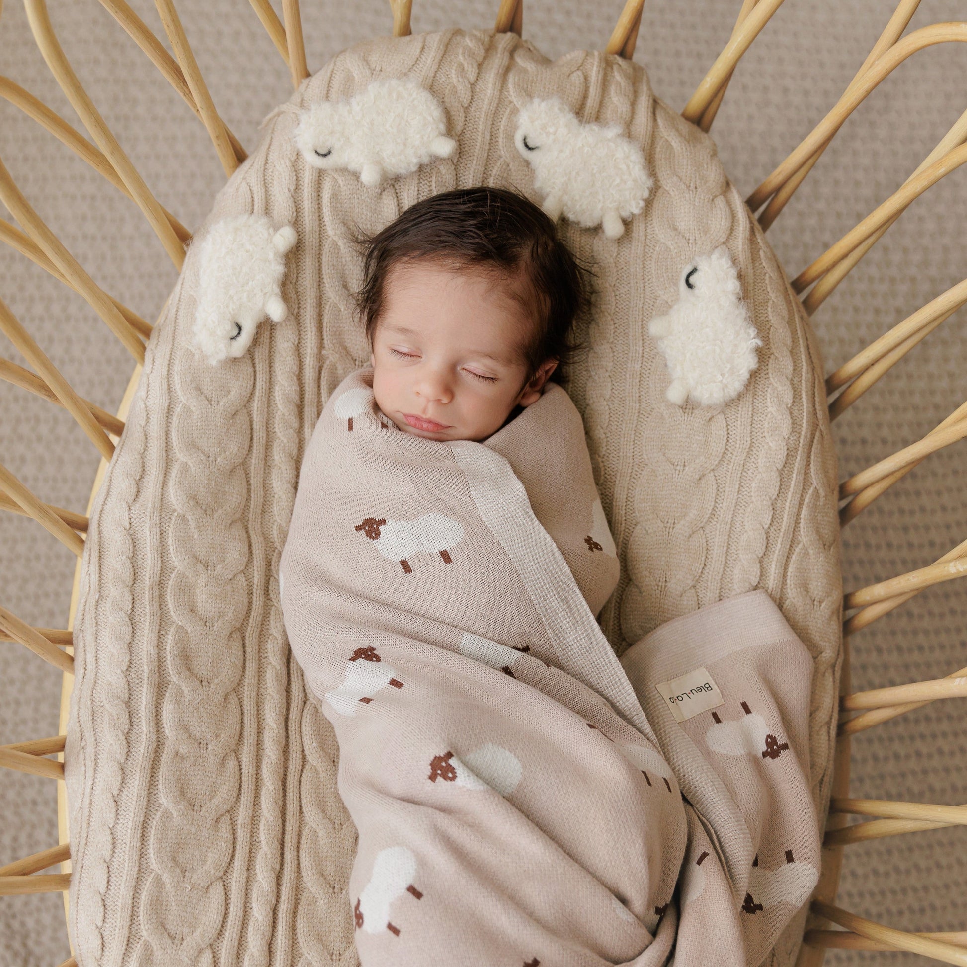Sheep Knit Receiving Baby Blanket Made From 100 Percent OEKO Tex Certified Cotton Bleu La La
