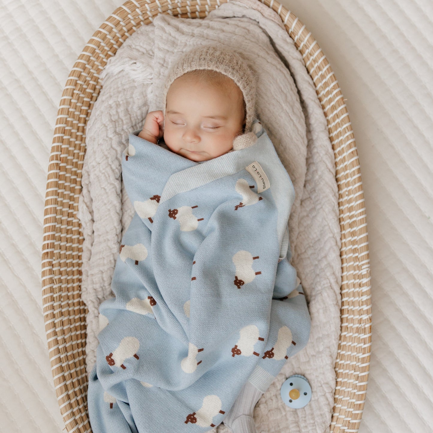 Sheep Knit Receiving Baby Blanket Made From 100 Percent OEKO Tex Certified Cotton Bleu La La