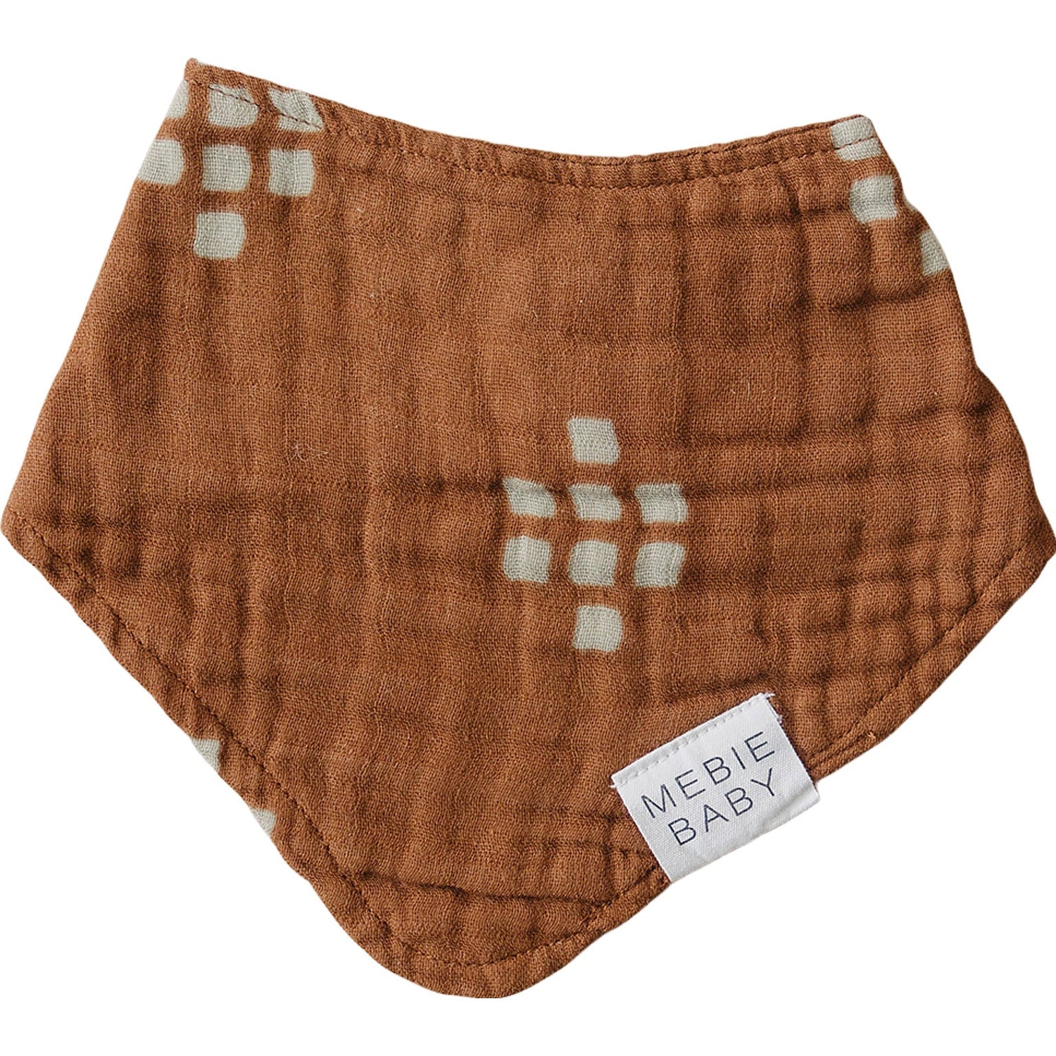 Muslin baby bib in a chestnut-toned gender-neutral pattern with a fastening at the neck