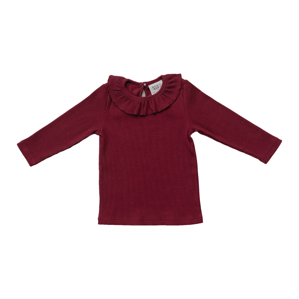 Burgundy ribbed long sleeve top with a gathered ruffle collar for a young child.