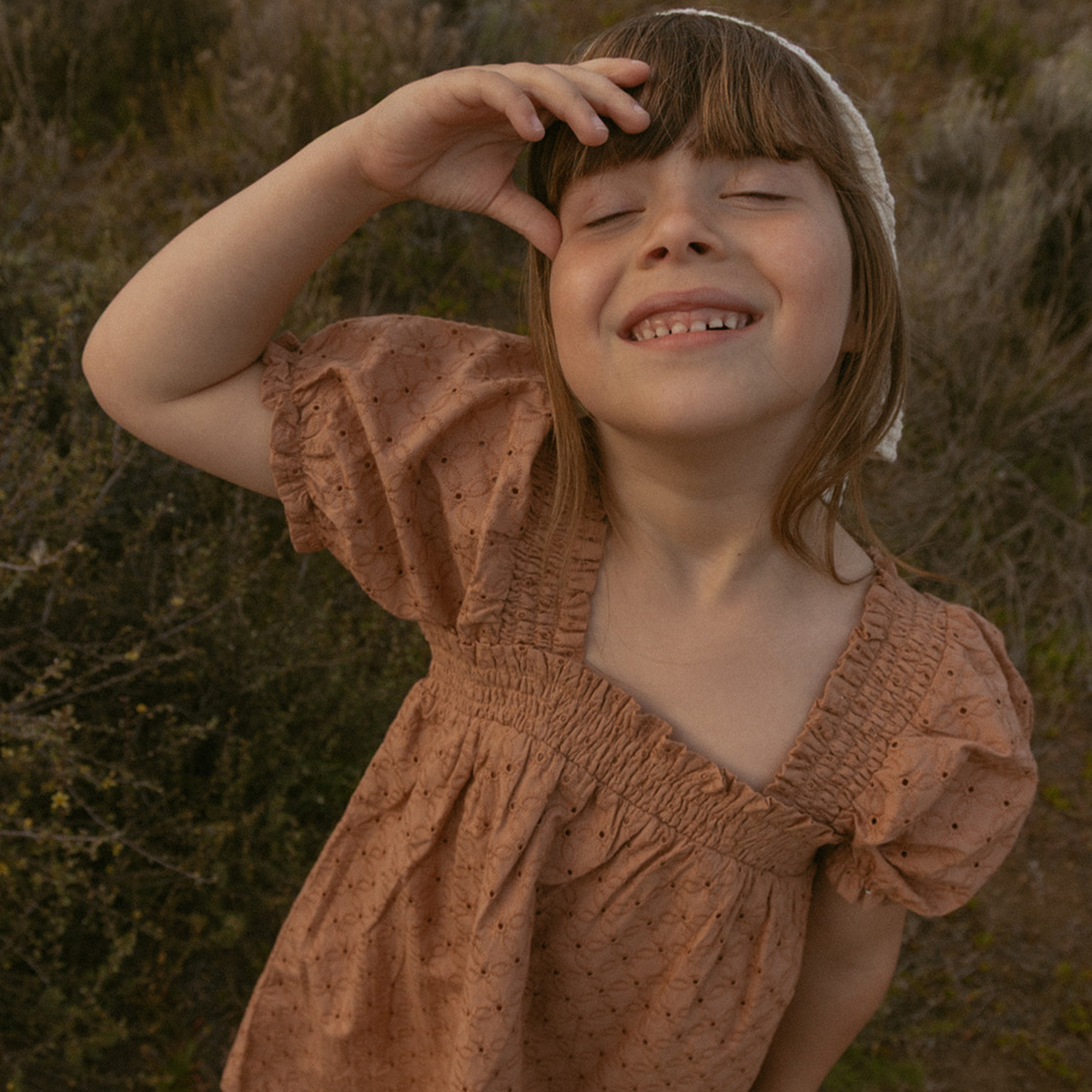Organic Eyelet Bubble Sleeve Dress, Clay Eyelet by Makemake Organics