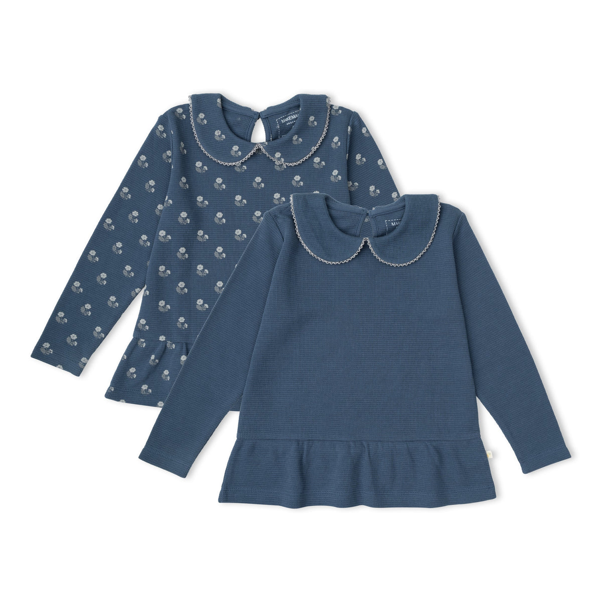 Organic Collar Peplum Top Set of 2 - Indigo Blossom + Navy by Makemake Organics