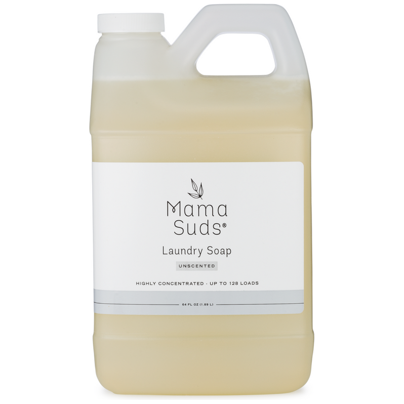 Nontoxic MamaSuds Laundry Detergent Soap, eco-friendly, unscented, 64 oz bottle.
