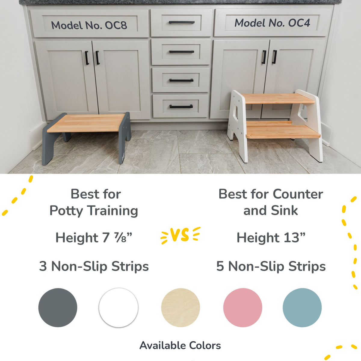 Ocodile 1-step wooden stool for kids, natural wood finish.