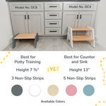 Ocodile 1-step wooden stool for kids, natural wood finish.
