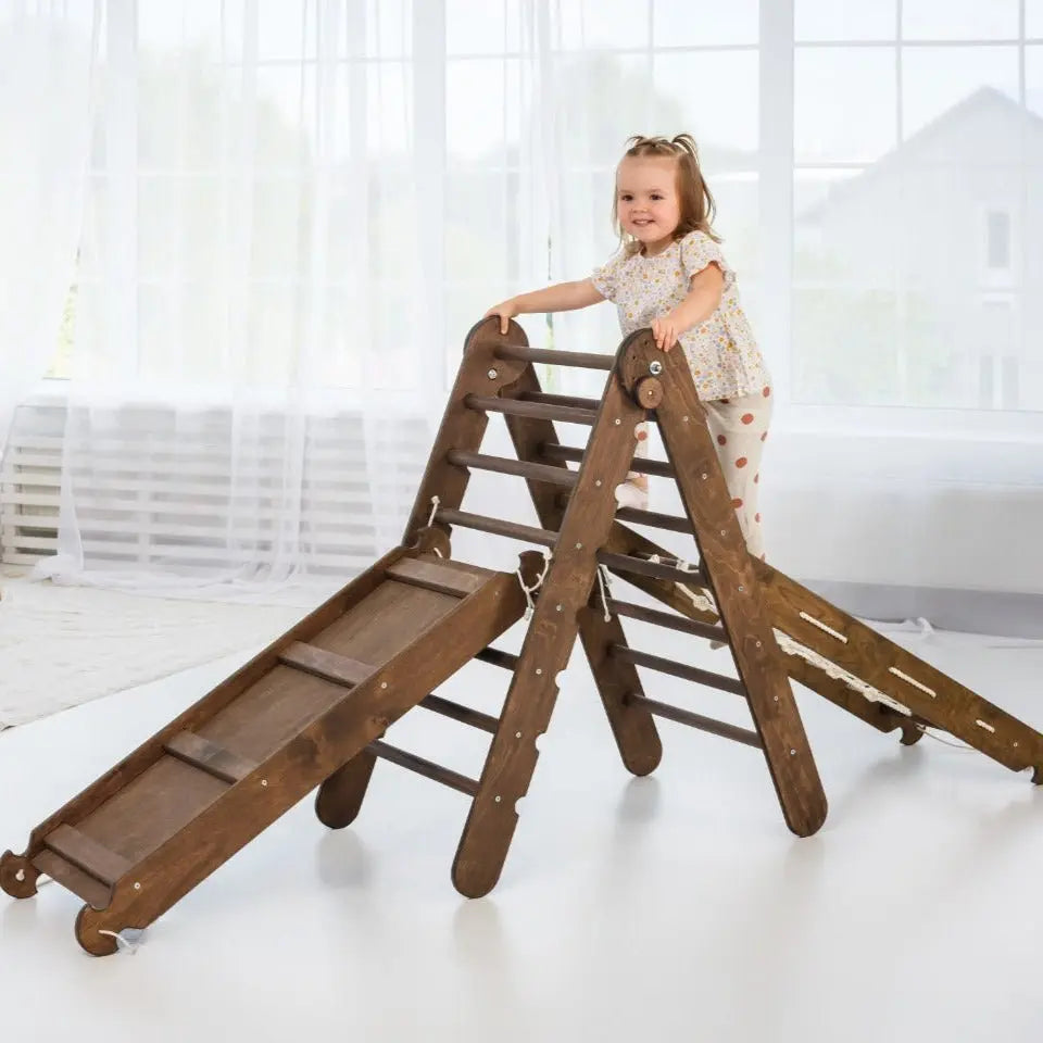 3in1 Montessori Climbing Set Triangle Ladder Slide Board Climbing Net Chocolate Goodevas Everetts Place: Online Boutique