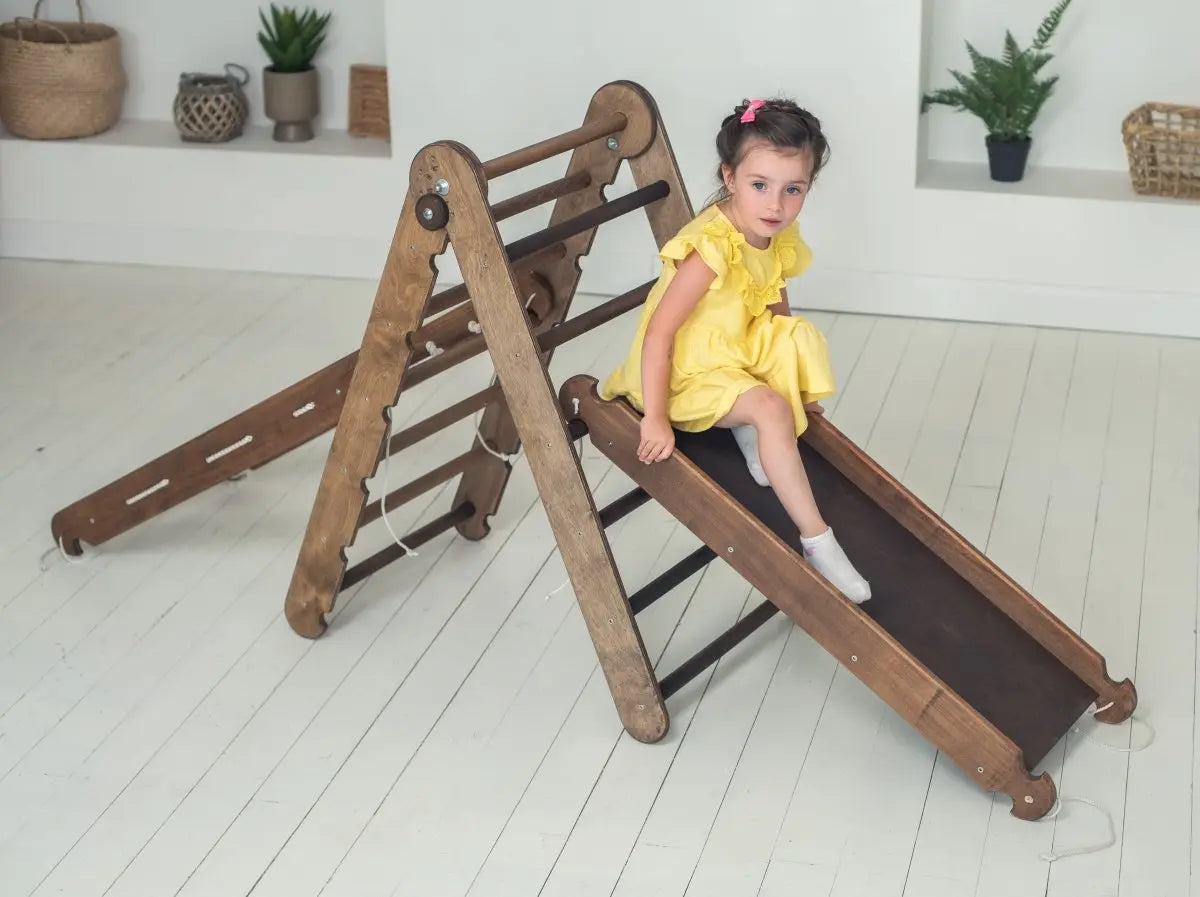 3in1 Montessori Climbing Set Triangle Ladder Slide Board Climbing Net Chocolate Goodevas Everetts Place: Online Boutique