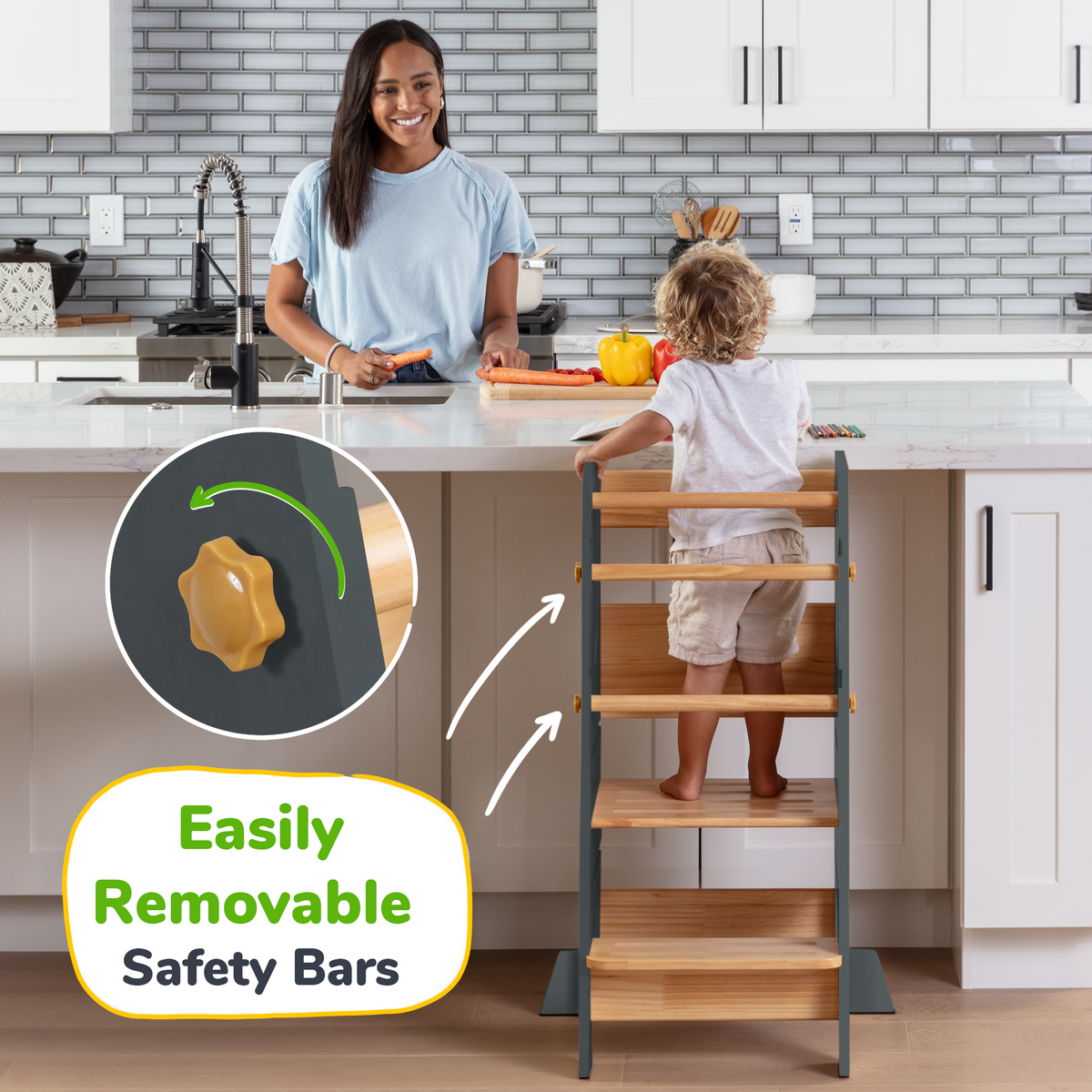 Ocodile adjustable toddler kitchen learning tower with safety bars.