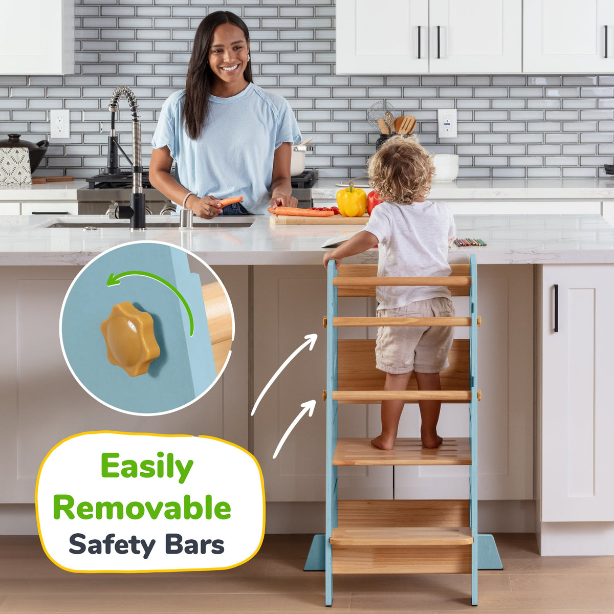 Ocodile natural wood adjustable toddler kitchen tower with safety bars.