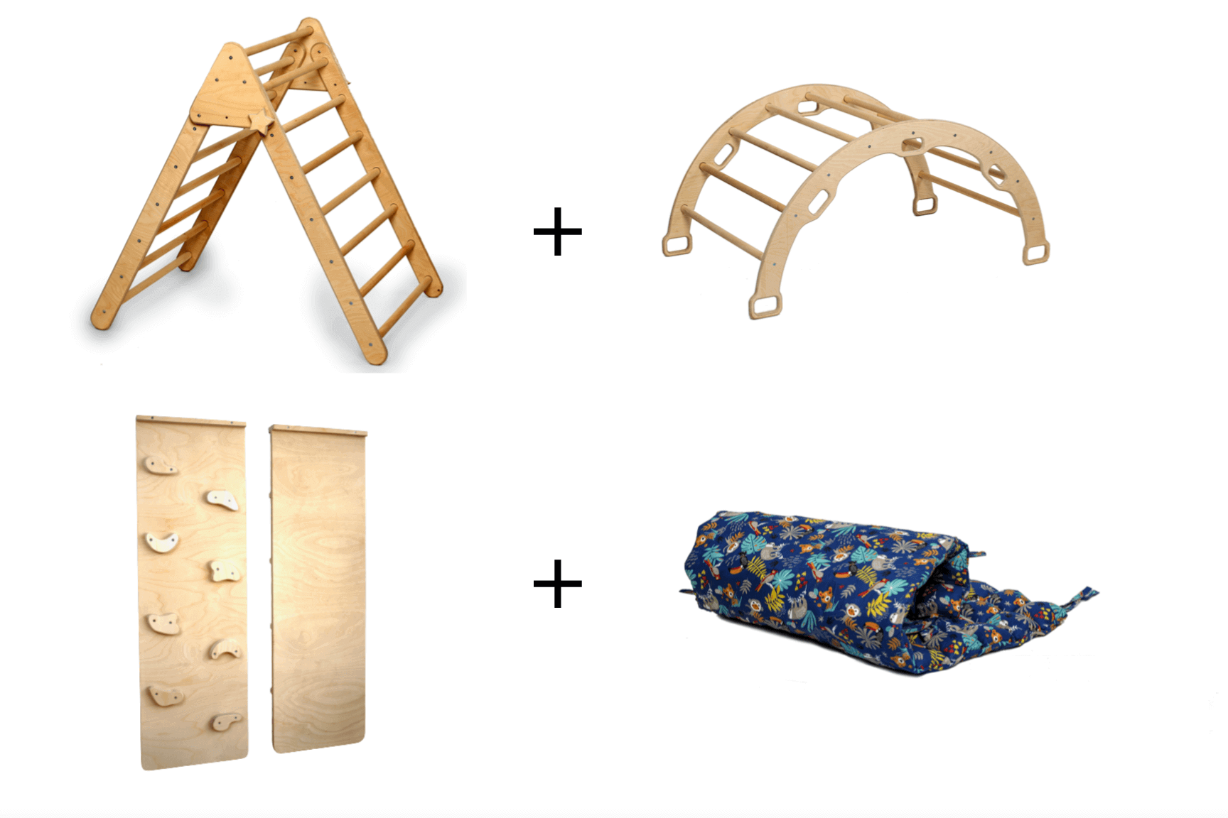 Wooden climbing triangle, arch rocker, and 2-in-1 ramp indoor play set for toddlers