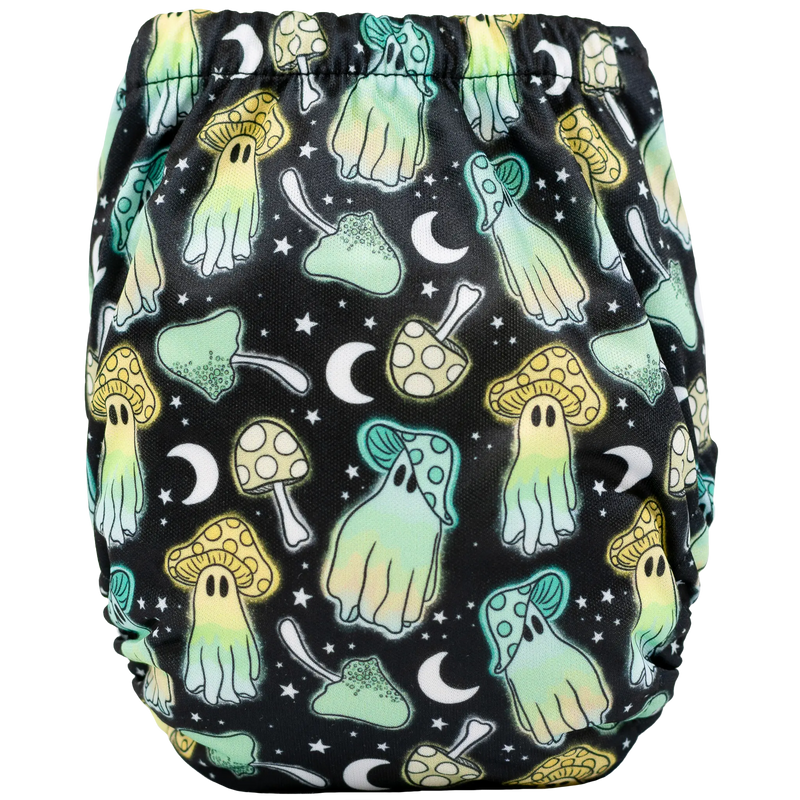 Tiny Tushies Newborn AIO Cloth Diaper with mushroom and ghost print design.