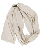 Beige ring sling baby carrier with black aluminum rings and double-sided cotton blend fabric