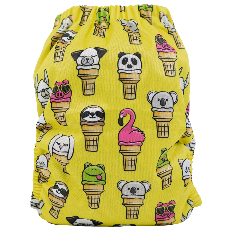 Slim Fit AIO Cloth Diaper with colorful animal ice cream cone design, yellow background.