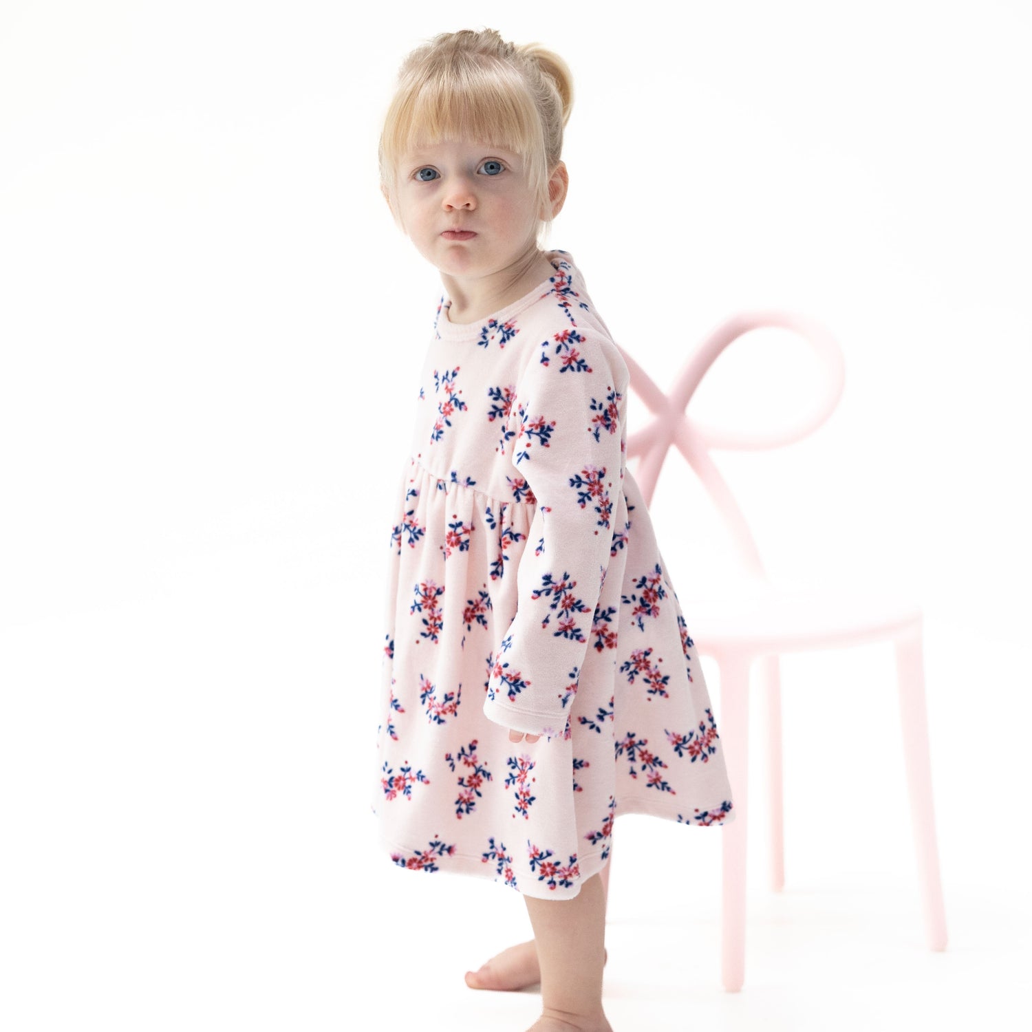 Long sleeve empire waist velour baby dress in Nora floral print with matching bloomer
