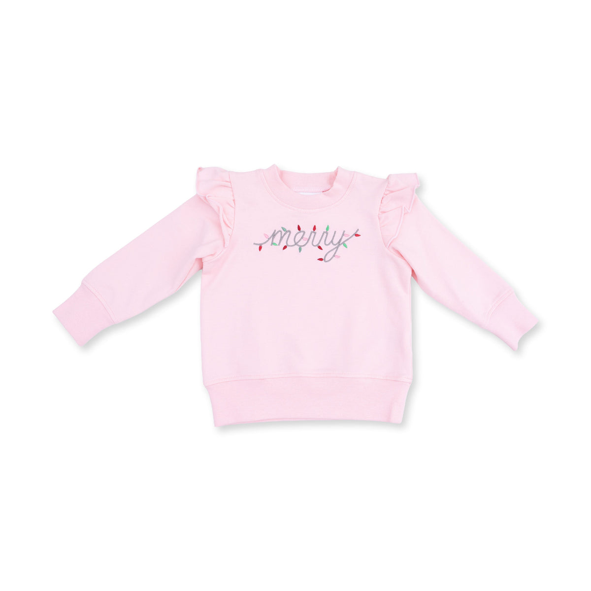 Baby ruffle sweatshirt with "merry" embroidered inside a string of colorful Christmas lights