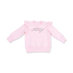 Baby ruffle sweatshirt with "merry" embroidered inside a string of colorful Christmas lights