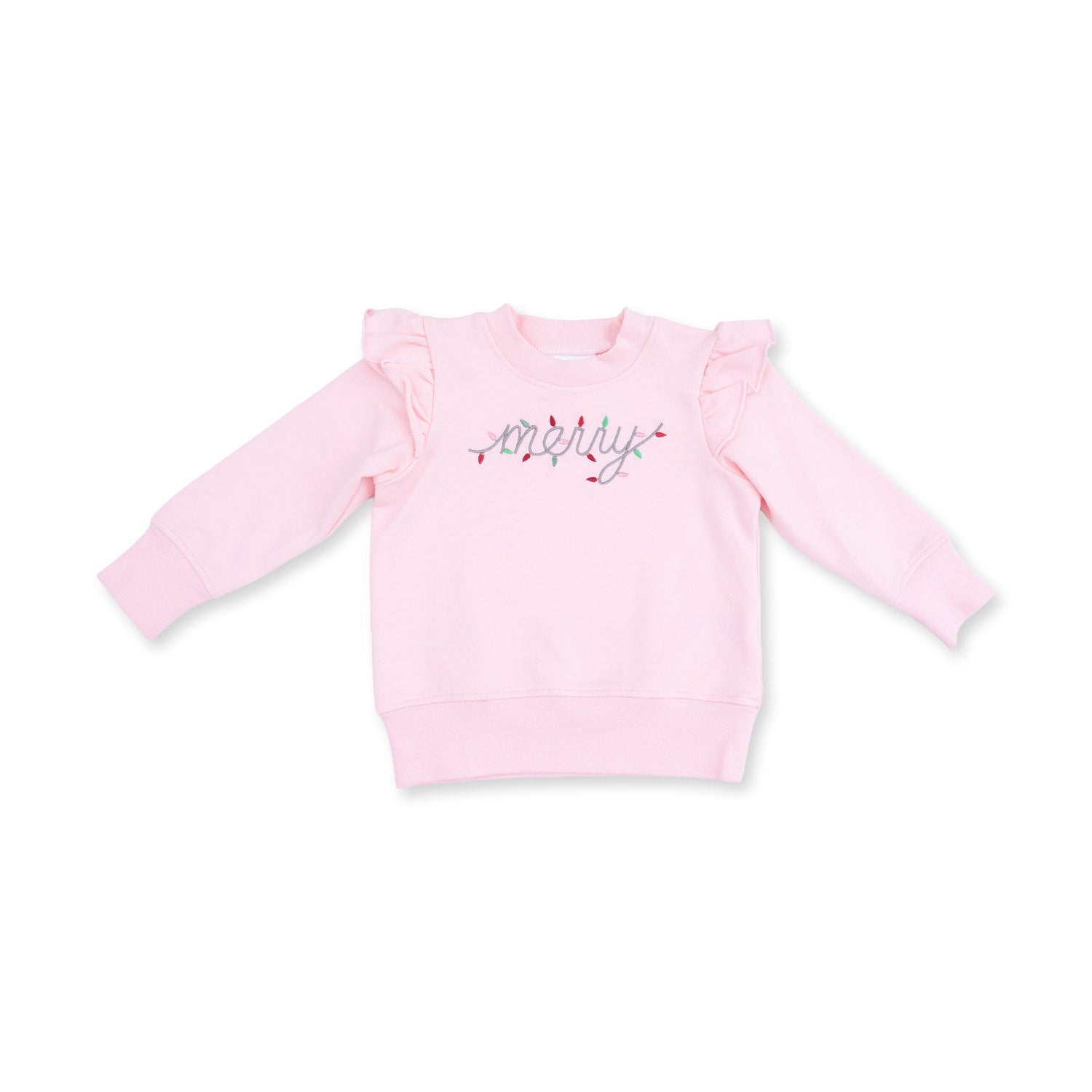 Baby ruffle sweatshirt with "merry" embroidered inside a string of colorful Christmas lights