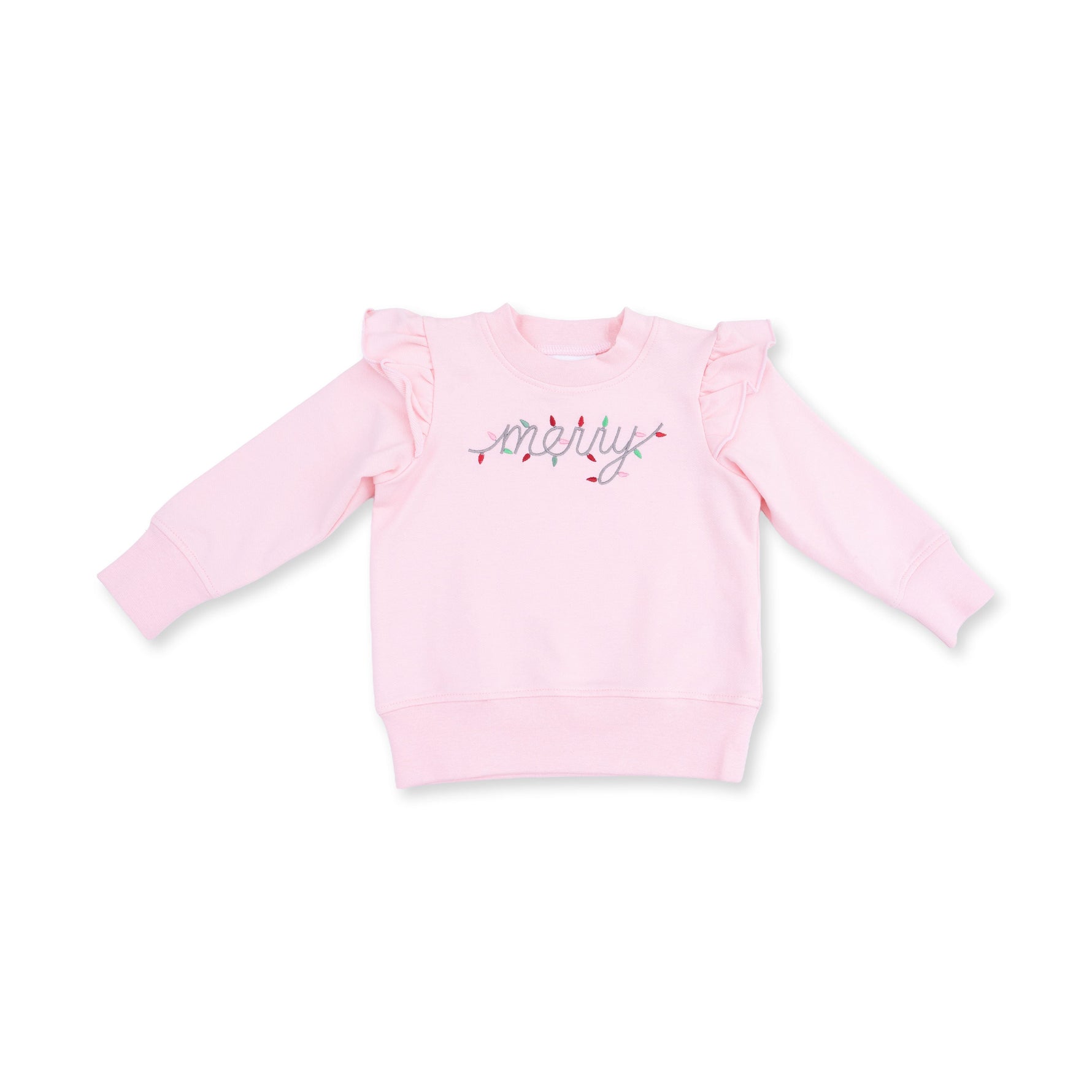 Baby ruffle sweatshirt with "merry" embroidered inside a string of colorful Christmas lights