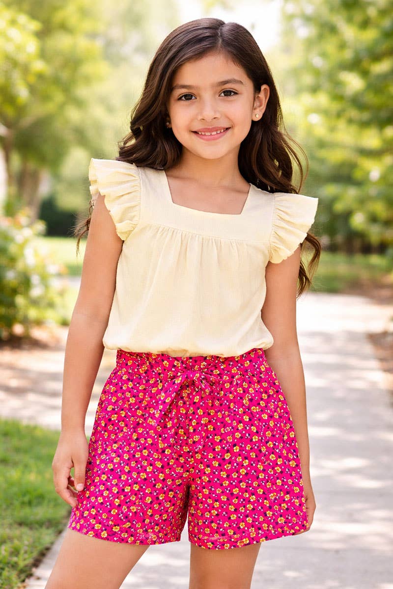 Cutie Patootie Clothing - GKSS-3303B-Q201 Girl's 2 pc Floral Short Set w/ Ribbed Top - Creme/Fuchsia Floral / S6/7 by Cutie Patootie Clothing at Everetts Place