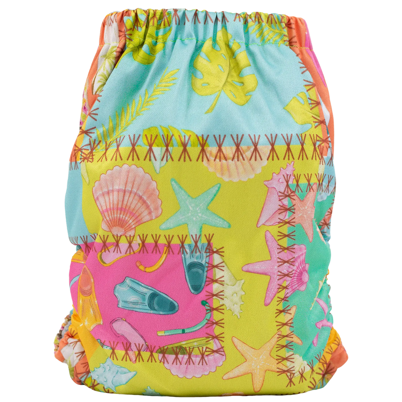 Slim Fit Pocket Cloth Diaper with colorful beach-themed design and adjustable fit for babies 8-40 lbs.