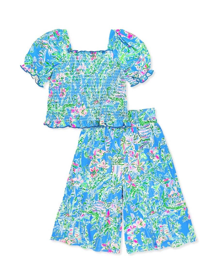 Cotton Gaucho Pant Set with Puff Sleeve | Blue/ Green Sea Floral