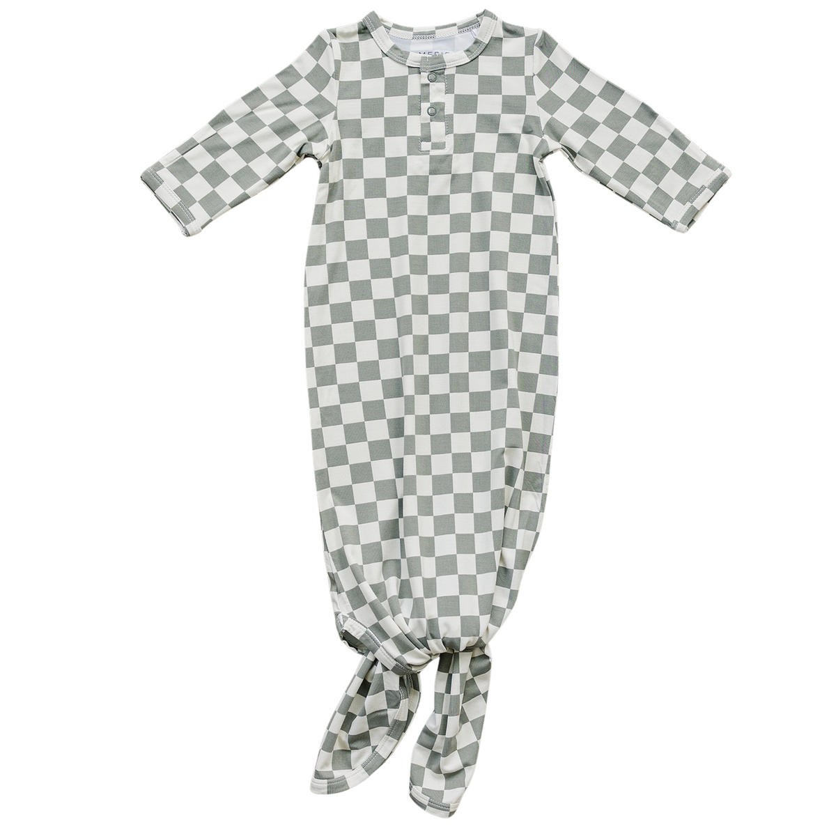 Mebie Baby light green checkered bamboo knot gown with long sleeves, tied knot at bottom.