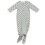 Mebie Baby light green checkered bamboo knot gown with long sleeves, tied knot at bottom.