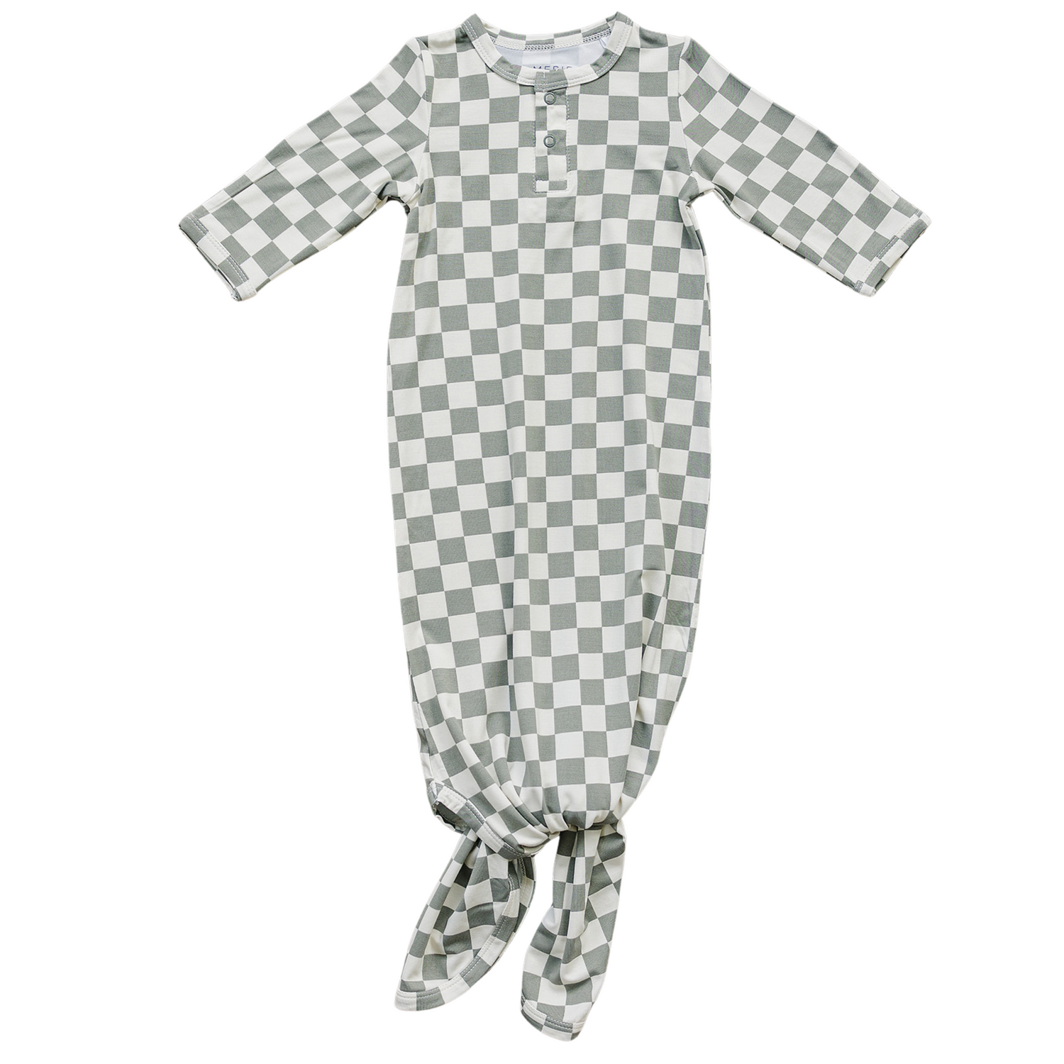 Mebie Baby light green checkered bamboo knot gown with long sleeves, tied knot at bottom.