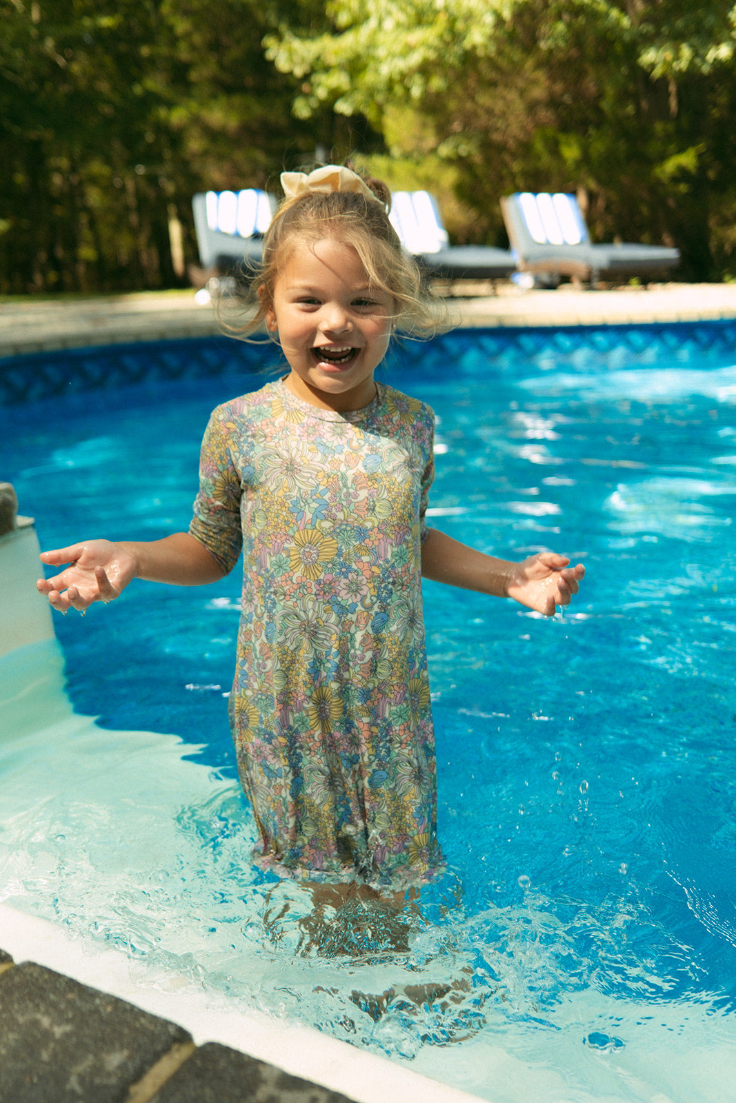 Floral Graphic Print Swim Dress For Girls Three Quarter Sleeve Multi Color