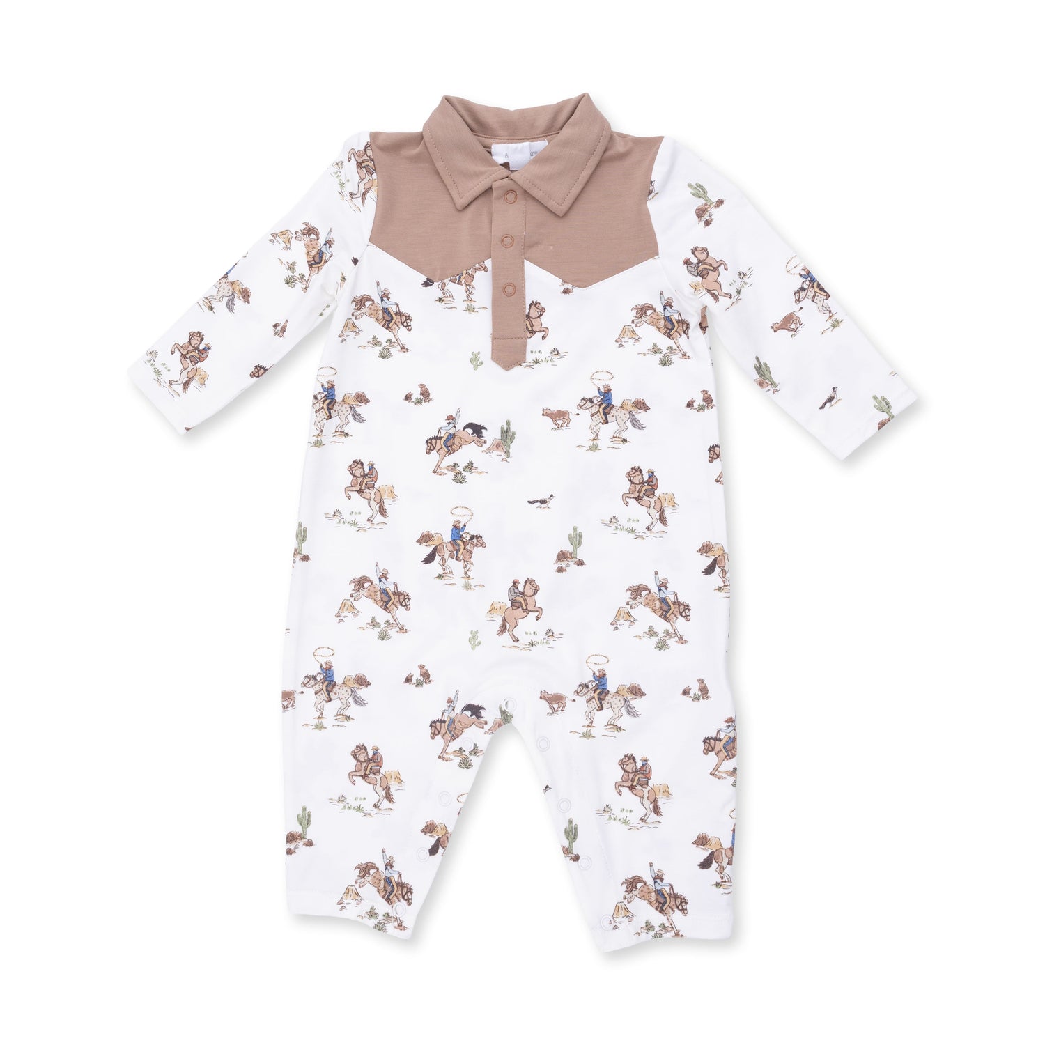 Long sleeve baby romper in the Horse Wrangler cowboy print with snap closures