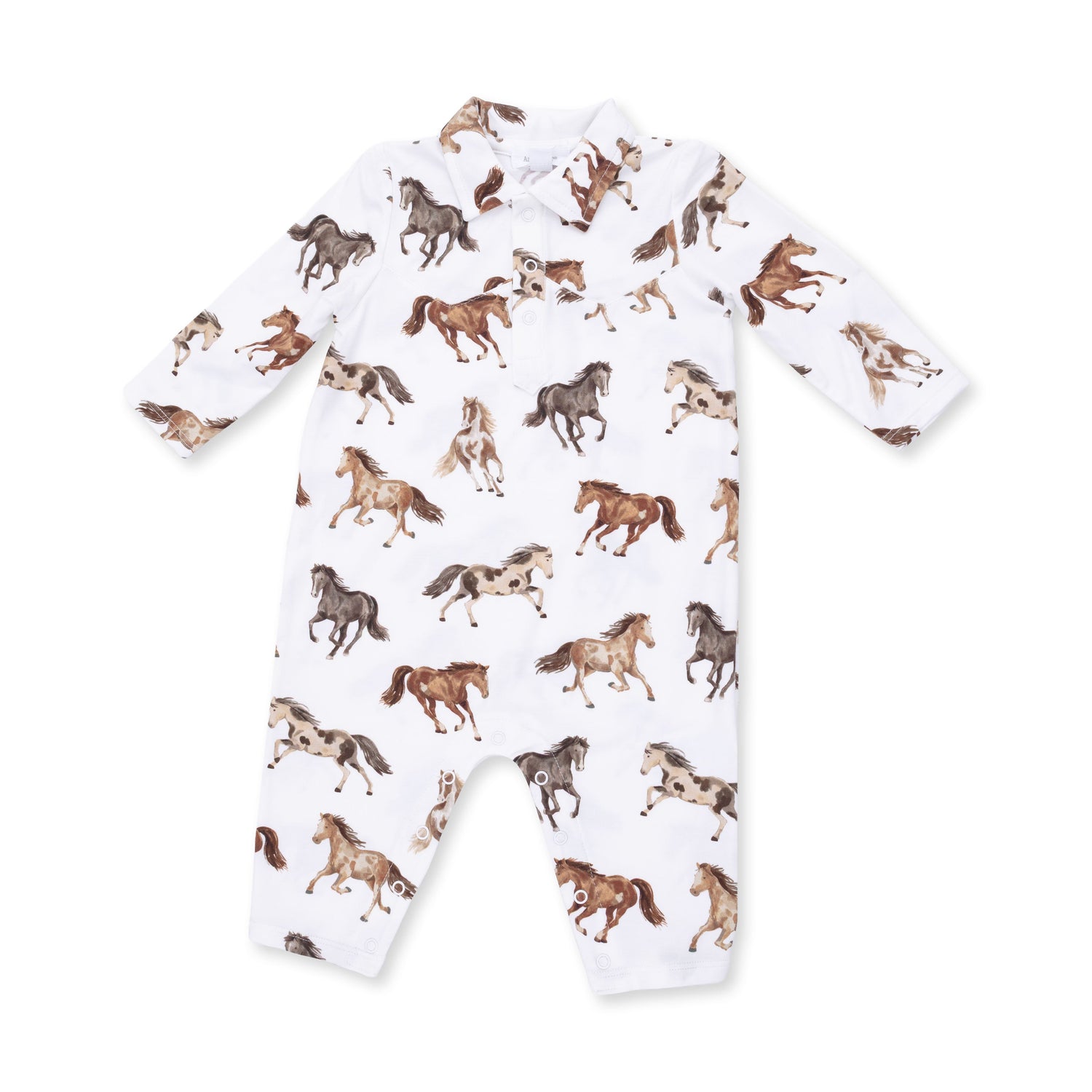 Long sleeve baby romper in a wild horses print with a western cowboy theme and snap closures.