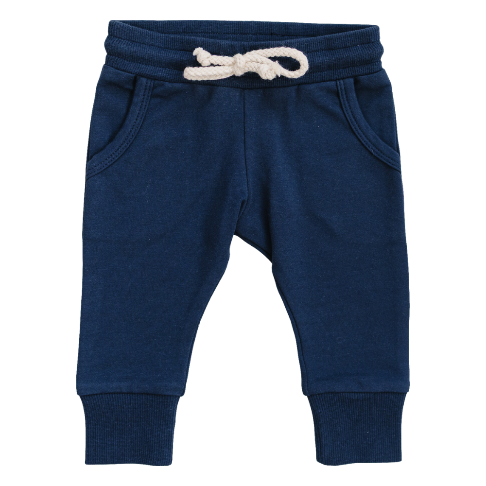 Navy baby and toddler joggers with an elastic drawstring waistband and side pockets.