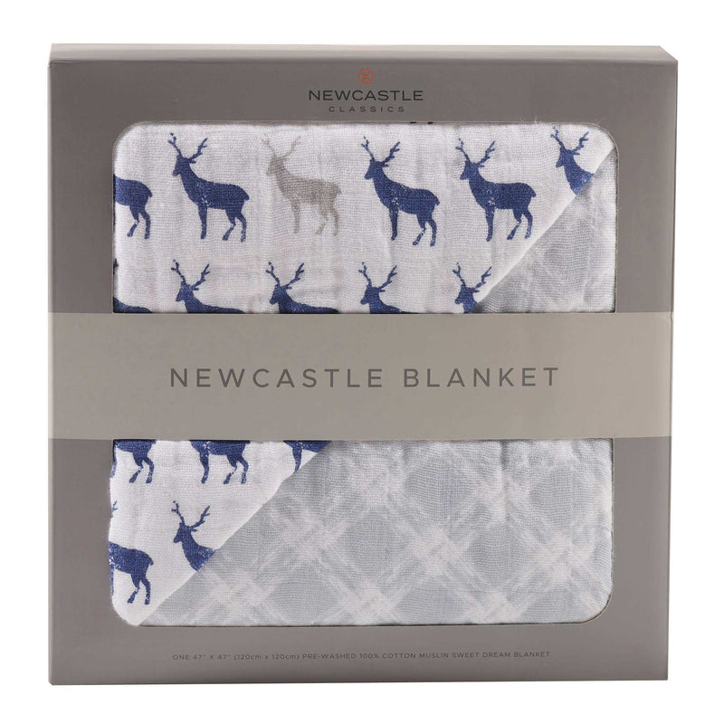 Newcastle Classics blue deer and glacier grey plaid cotton muslin blanket in packaging.