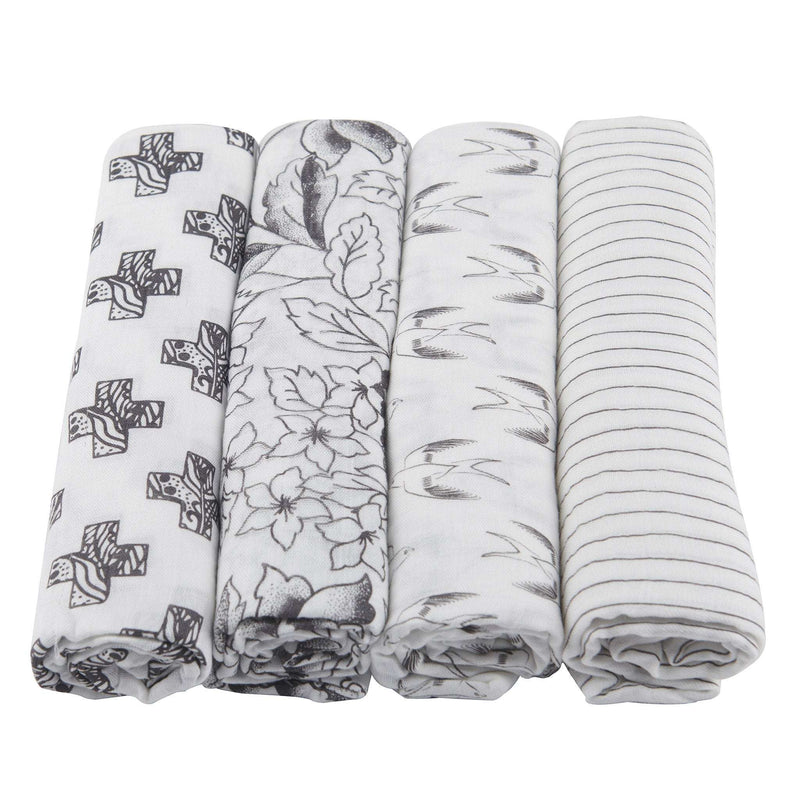 Monochrome bamboo muslin swaddle pack of four with various patterns, 47x47 inches, made from soft, breathable natural bamboo fibers.