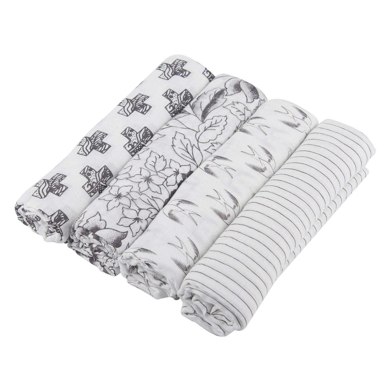 Monochrome bamboo muslin swaddle pack of four, soft and breathable, ideal for various baby needs.