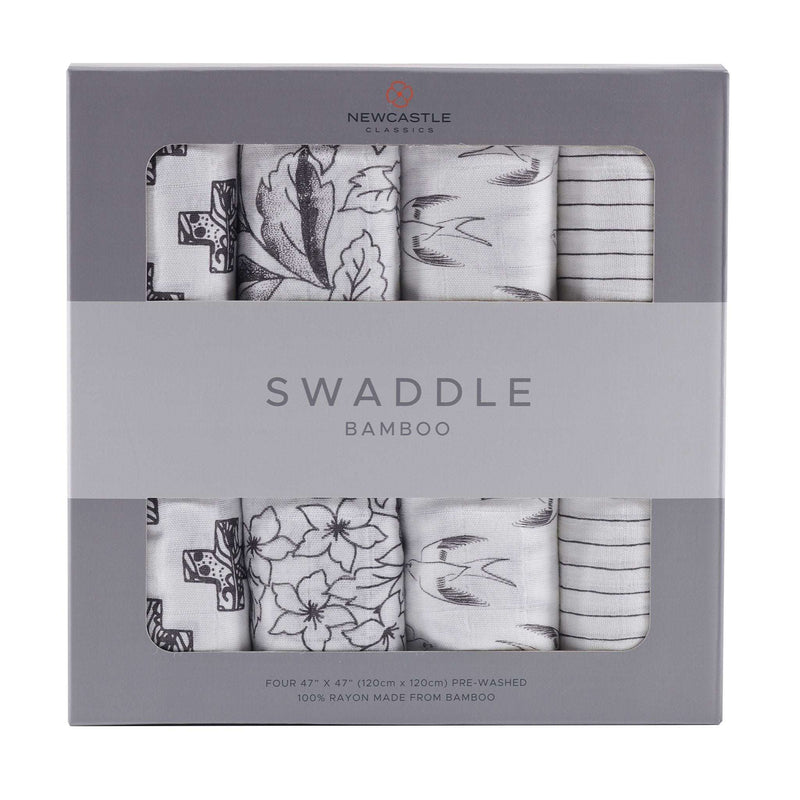 Monochrome bamboo muslin swaddle pack of four, soft and breathable, 47x47 inches, 100% natural bamboo.