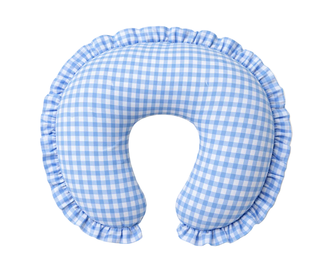 Blue and white gingham nursing pillow cover with a ruffle edge, made of cotton to fit a standard nursing pillow.