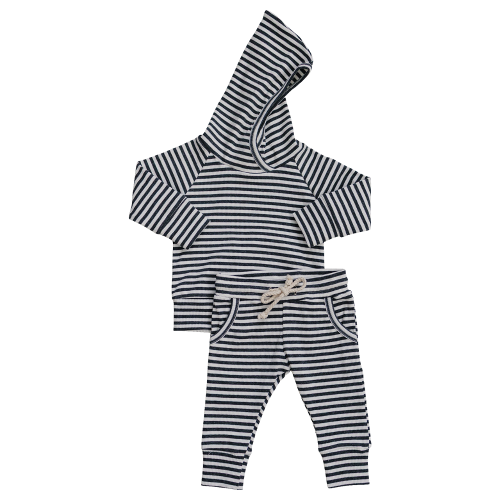 Two-piece baby set with a charcoal-striped ribbed hooded top and matching pants
