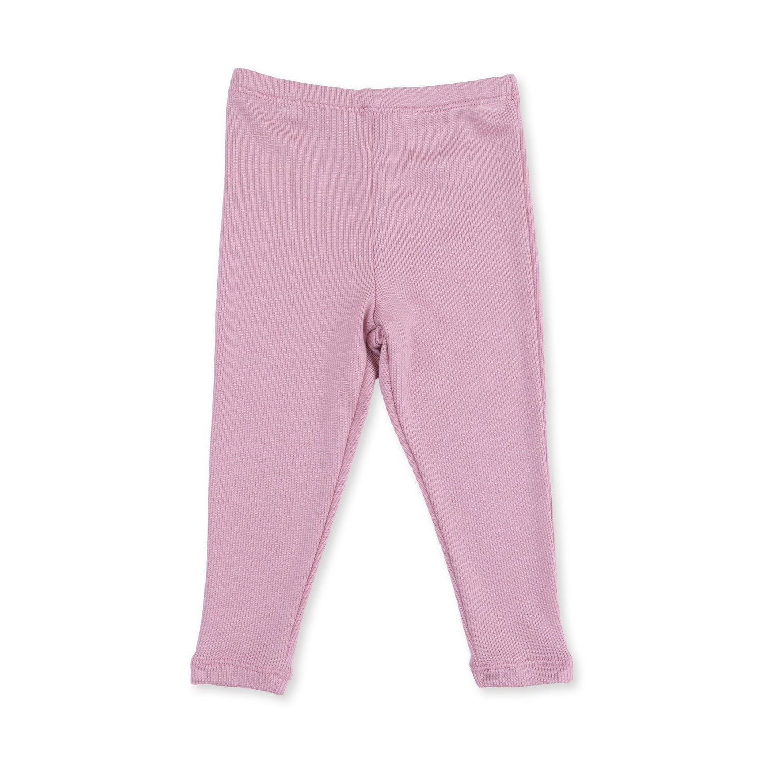 Baby leggings in solid lilac purple ribbed knit with a snug elastic waistband.