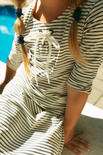 Nautical Navy Three Quarter Sleeve Swim Dress With White Lace Front Tie by Crew Kids NY at Everetts Place