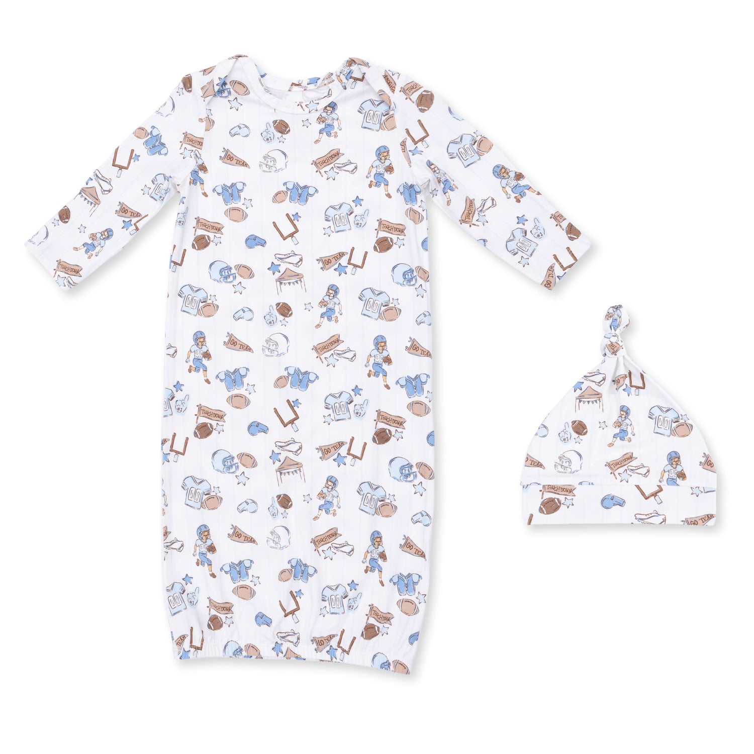 Football nursery print lap shoulder baby gown with matching knotted hat