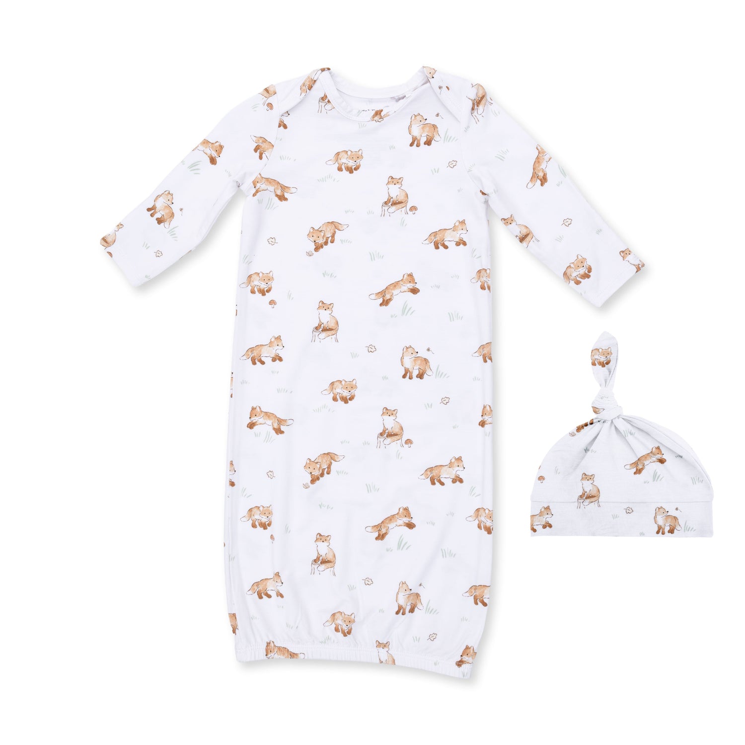Baby gown and knotted hat set in a fox print, made from soft bamboo viscose with a lap shoulder neckline.