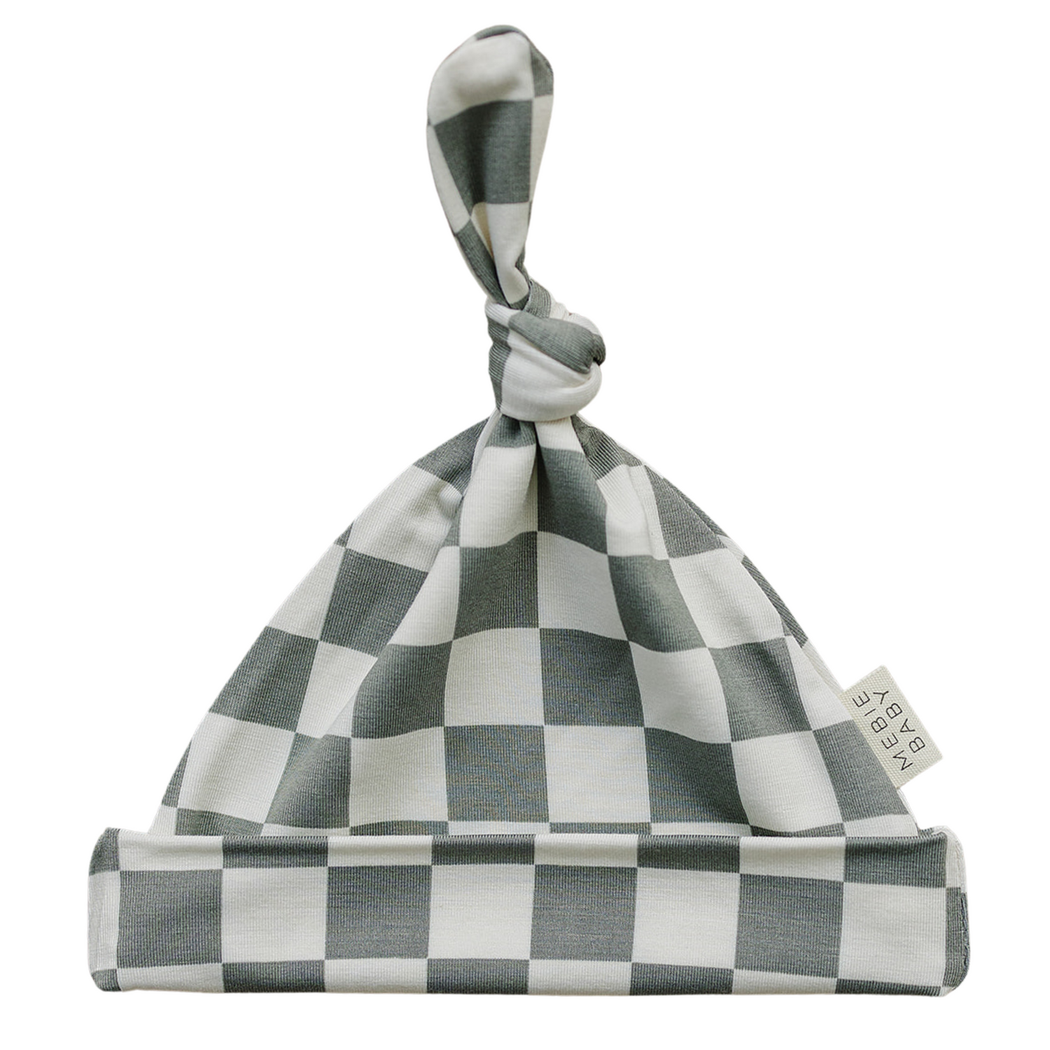 Light green and white checkered newborn knot hat with a top knot, made of bamboo fabric.
