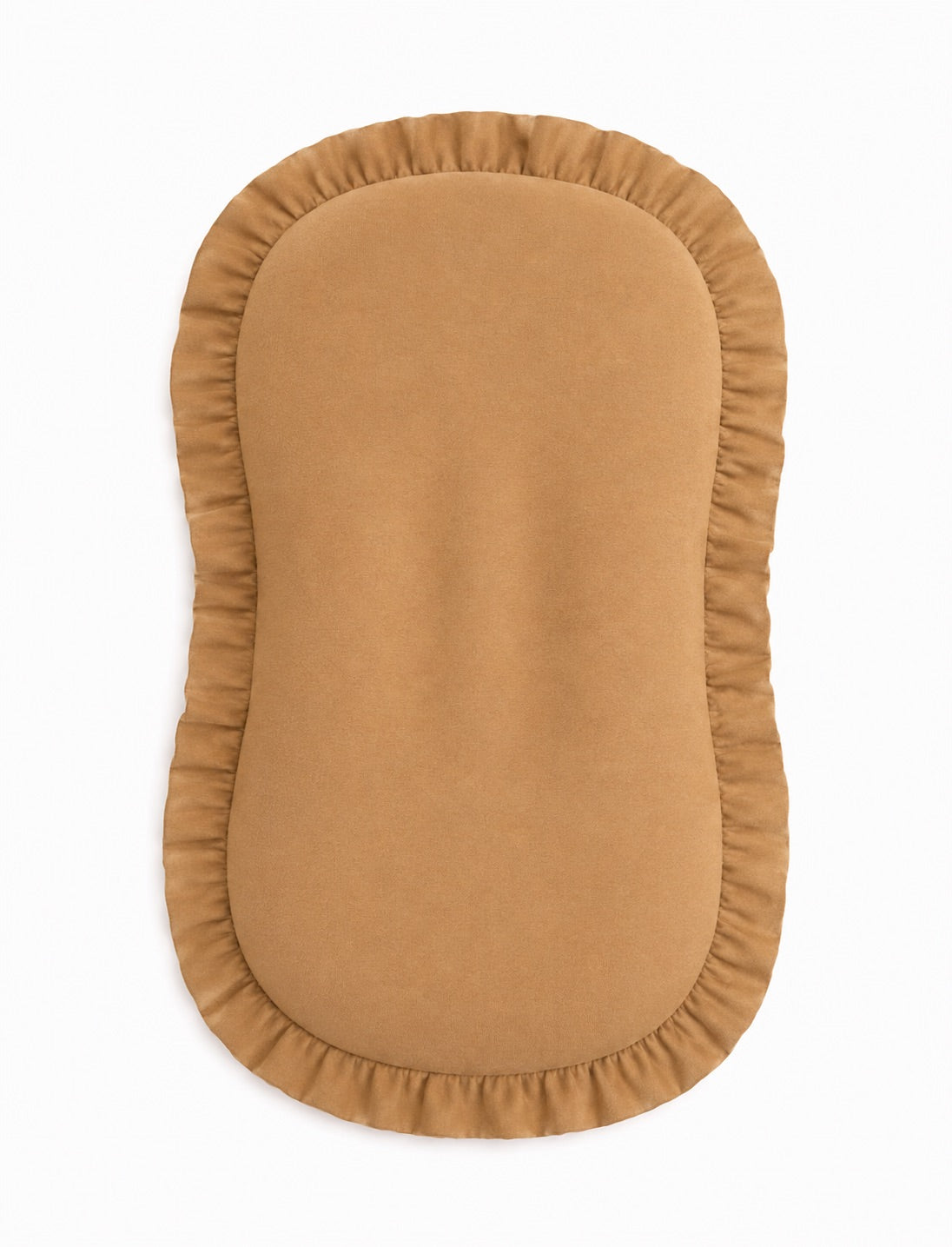 Solid brown baby lounger cover with ruffle trim around the edge and a hidden top zipper